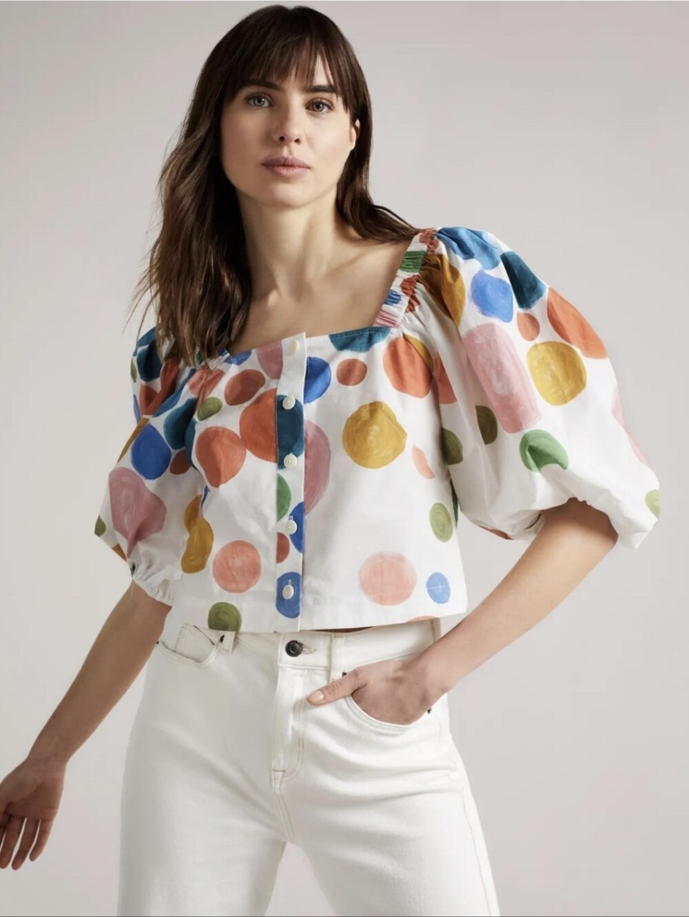Ted Baker London "Nelda" Boxy Painted Dot Crop Top Size 3 (US 8) Peasant Artsy